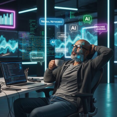 Mit AI genieriertes Bild, Softwareentwickler sitzt entspannt am Schreibtisch, mit Hand im Nacken gestützt und einer Tasse Kaffee in der Hand, um ihn herum ploppen viele Sprechblasen und Fenster auf mit der Aufschrift AI