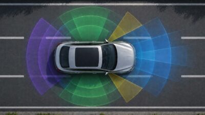Fahrzeug mit visualisierten Fahrerassistenzsystemen (ADAS) und Sensorerkennung